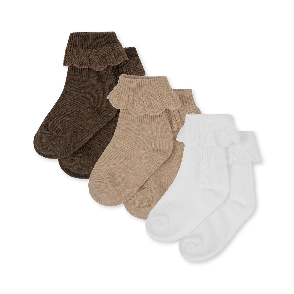 Konges Sløjd 3pk Frill Socks, Optic White / Sand / Brown
